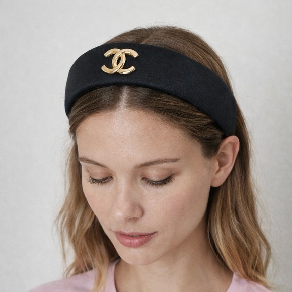 CHANEL Black Headband with Gold Logo Accent